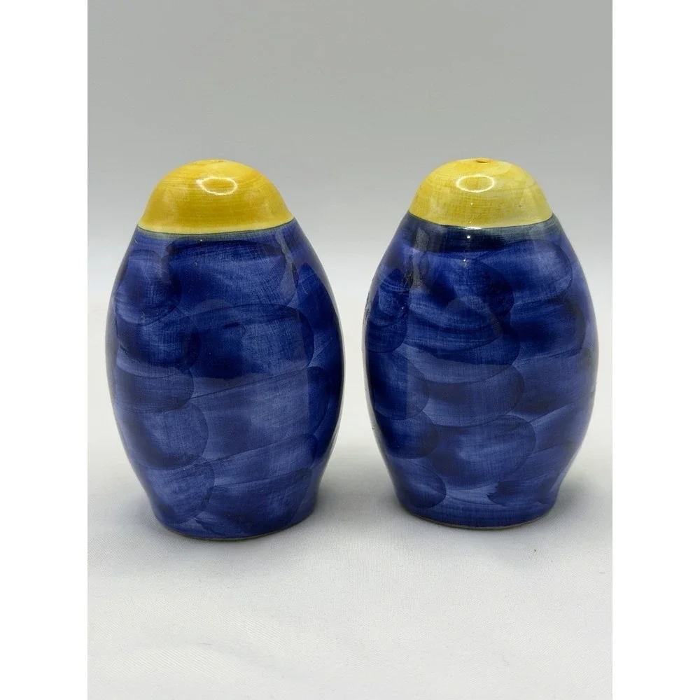 Salt and Pepper Shakers Royal Blue Ceramic w/ Yellow Sunflowers